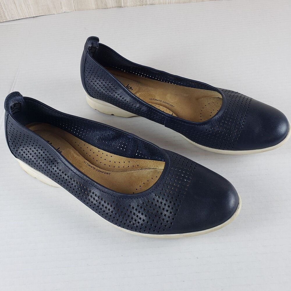 Clarks Jenette Ease Ballet Flats Navy Leather Slip On Comfort Shoes Womens 9